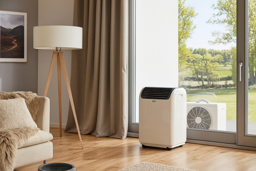 Portable air conditioner in a living room with a view of nature outside.