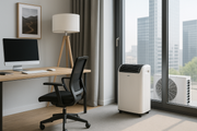 Home office with a desk, chair, and portable air conditioner by a window.