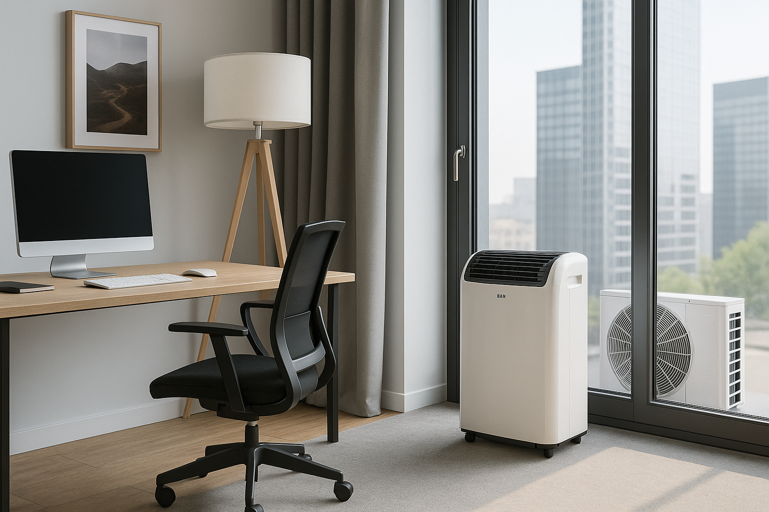 Home office with a desk, chair, and portable air conditioner by a window.