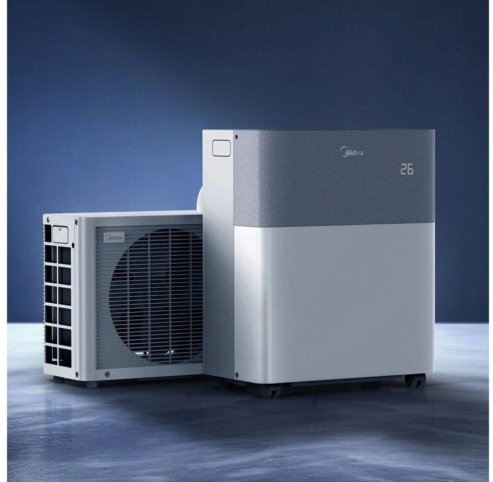 Air conditioning unit with control panel on a blue background